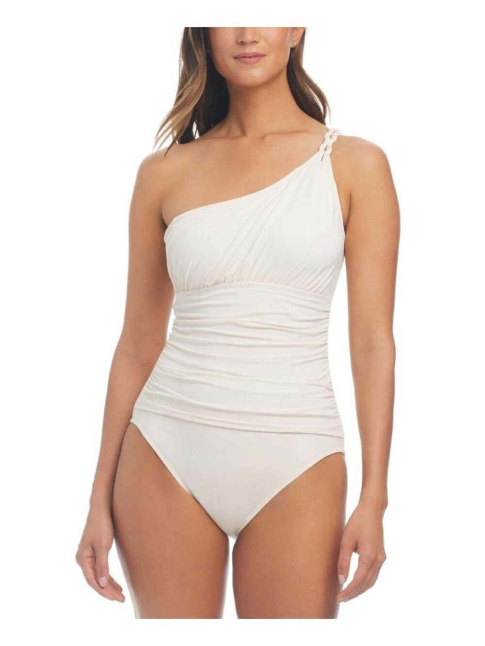 Bleu by Rod Beattie Women's One-Shoulder Shirred Swimsuit, Coconut Water, Sz. 12